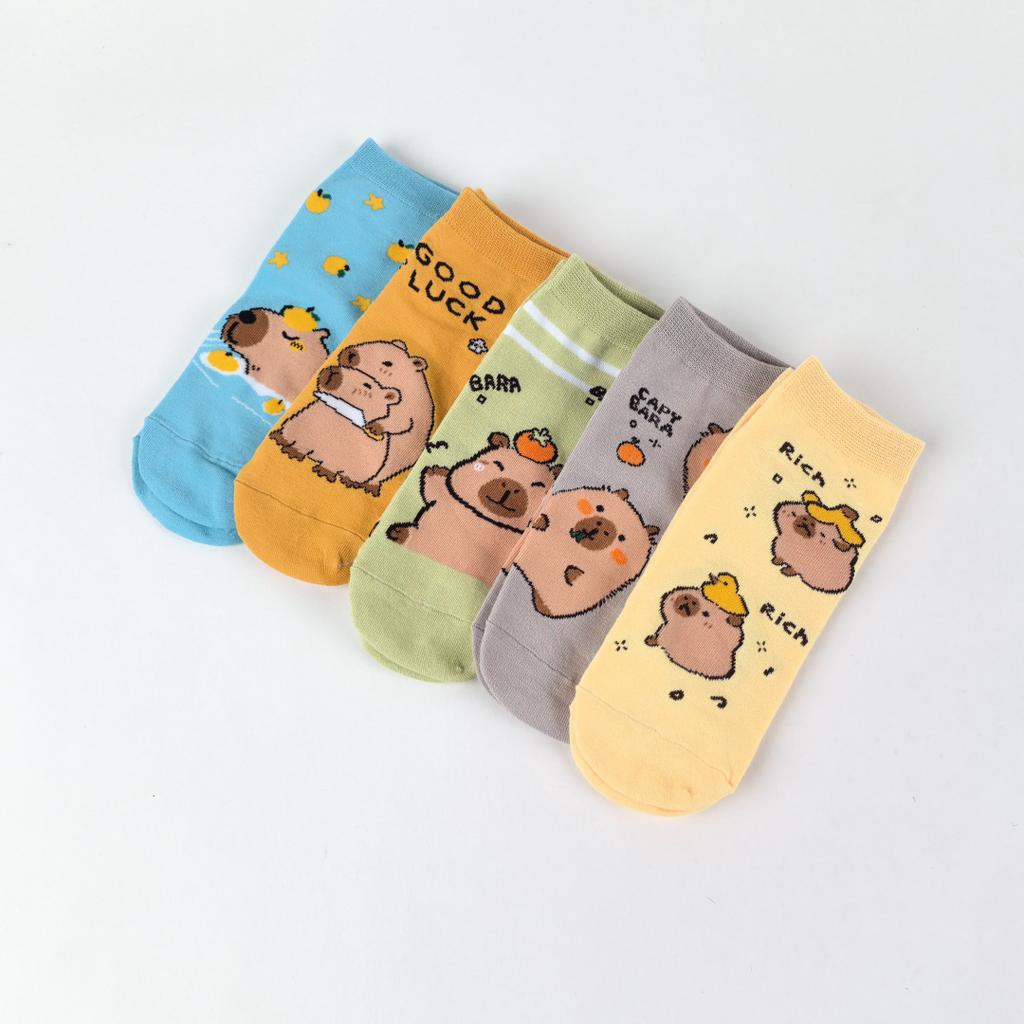 5 Pairs Cartoon Cute Water Dolphin Pattern Capybara Comfortable And Versatile Women's Short Socks