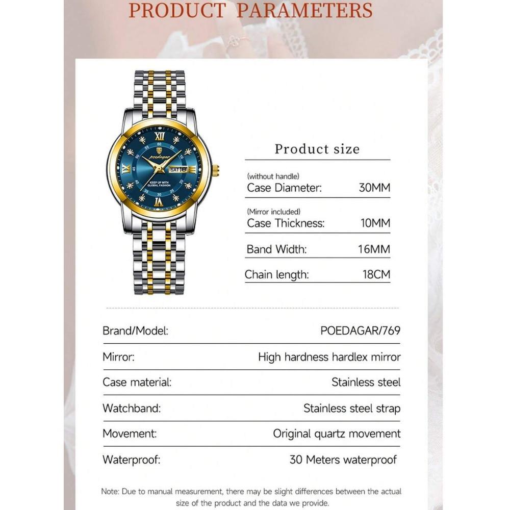 POEDAGAR Damen Edelstahl Dail Elegante Wasserdichte Leuchtende Quarz Datum Armbanduhren, Modische Damenuhr