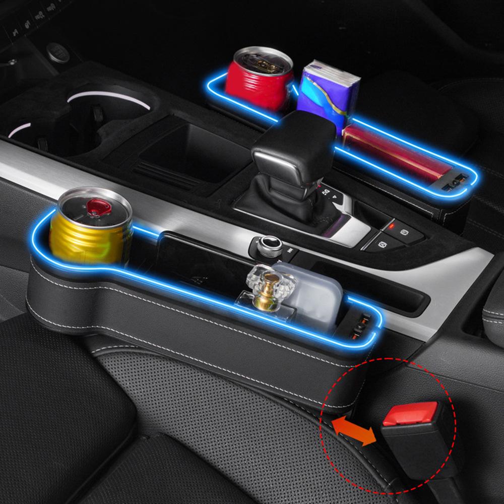New Car Crevice Storage Box with 2 USB Charger Colorful LED Seat Gap Slit Pocket Seat Organizer Card Phone Bottle Cups Holder