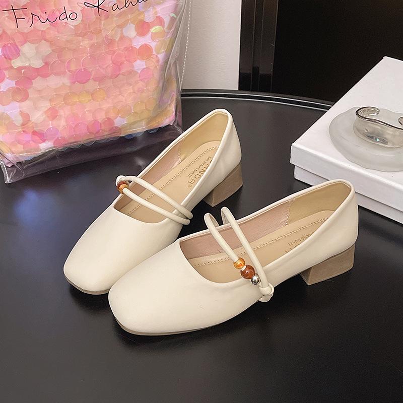 French imitation leather thick heel single shoes women's 2025 new commuter cheongsam shoes Mary Jane shoes shallow mouth medium high heels