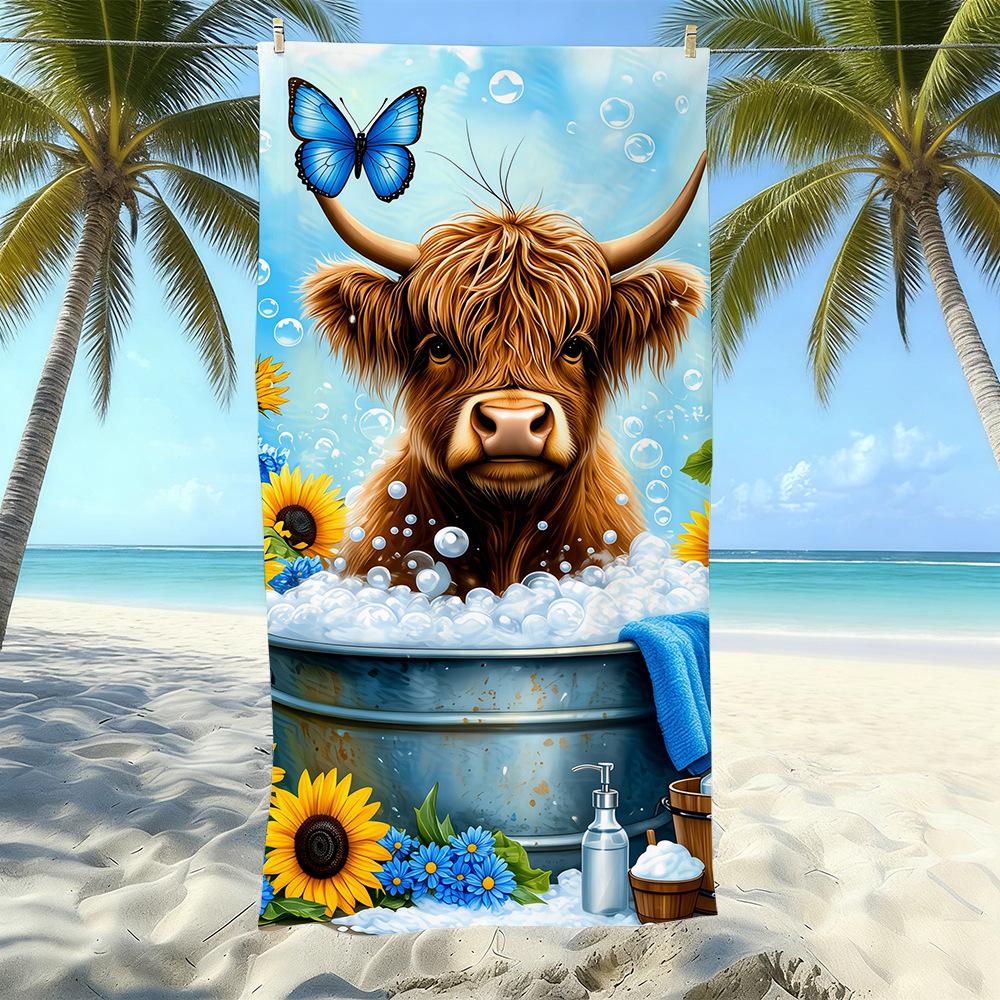 Europäisches und Amerikanisches Retro Hochlandrind Druck Strandtuch Mikrofaser Verdickt Wasseraufnahme Schnelltrocknend Outdoor Badetuch