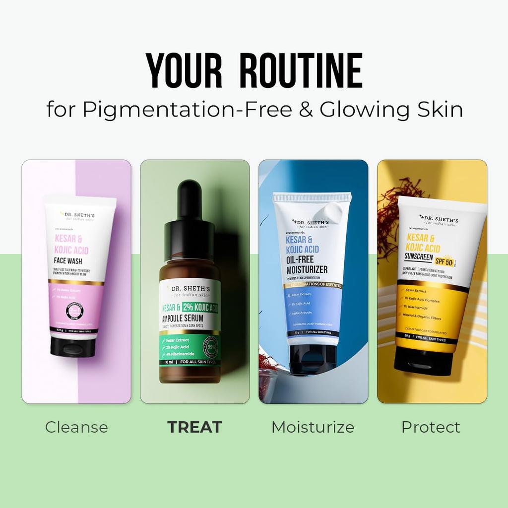 Dr. Sheth's Kesar & 2% Kojic Acid Ampoule Serum 10 Ml Pack for Brightening & Glowing Skin