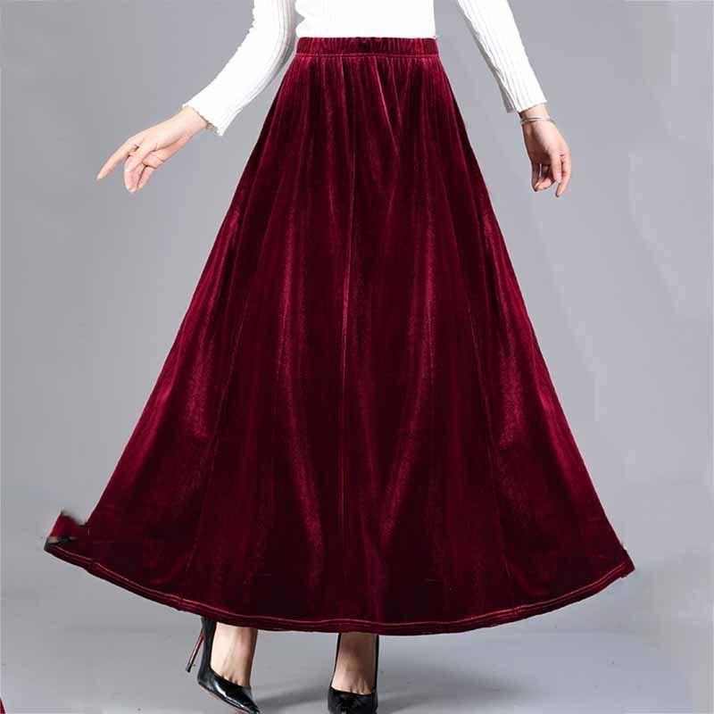 Women's Plus Size Skirt Solid Color High-Waist Gold Velvet Skirt Spring Autumn Long A-Line Skirt
