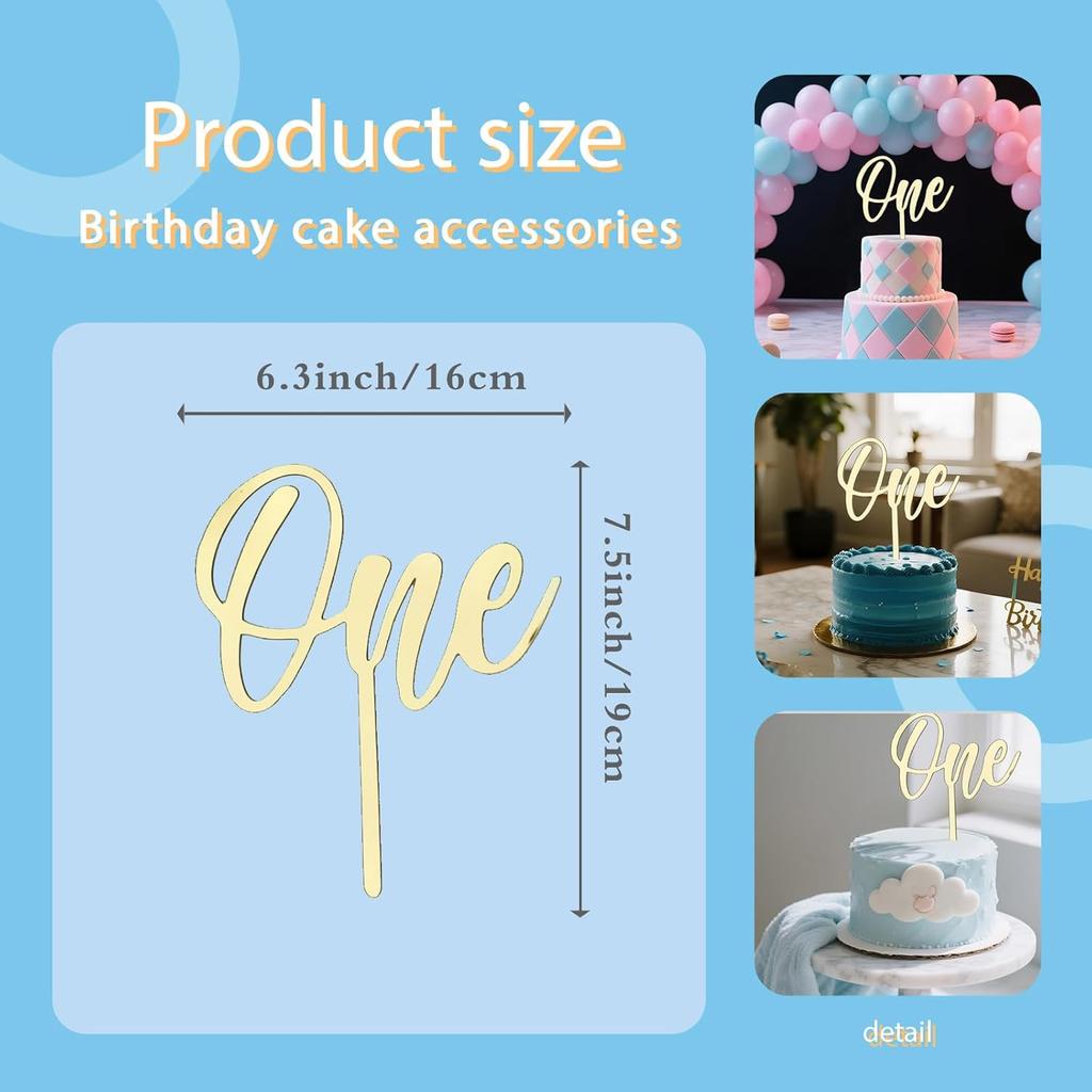 ONE Cake Topper Mirrored Gold Acrylic Sign 1st Birthday Cake Decoration Supplies Suitable for Baby Shower Favors, Gender Reveal, Baby Birthday Party