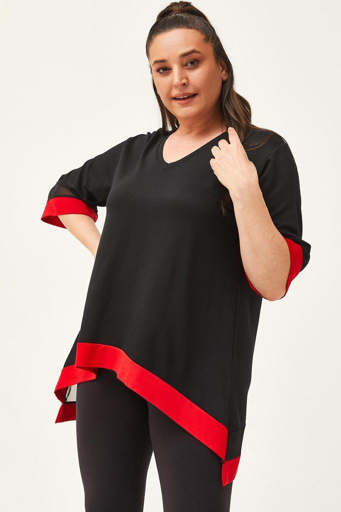 Women's Big Size Blouse Plus Size Black-Green Blouse with Tulle Detail On Sleeves and Skirt