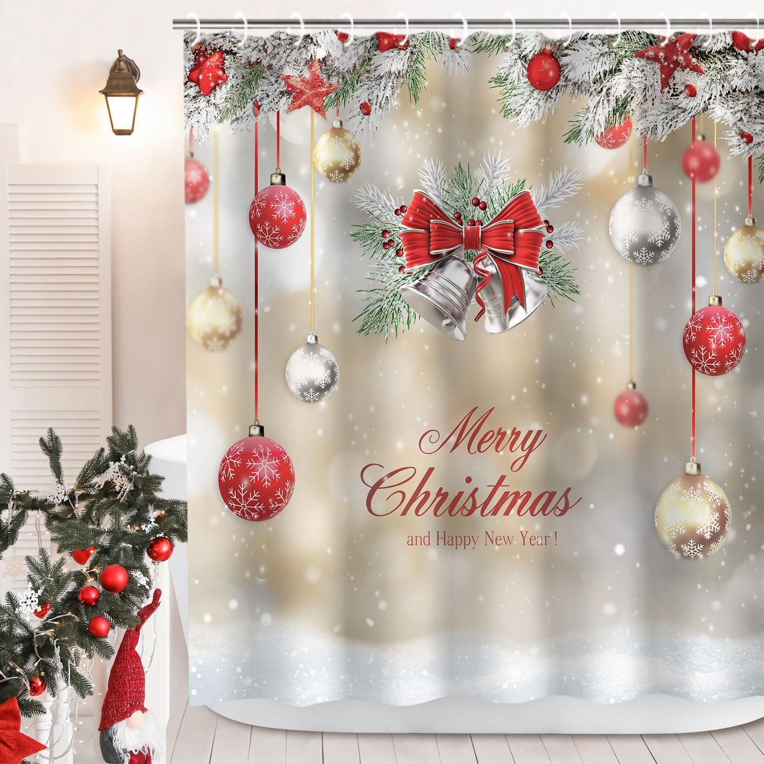 

Rosielily Christmas Shower Curtains For Bathroom Xmas Shower Curtains Red Christmas Fabric Xmas Bathroom Set With Hooks Red Silv W60H190(CM)-1 Pcs