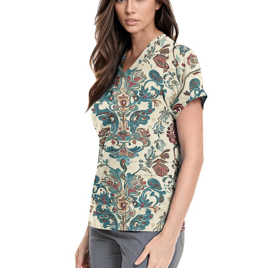 Womens Scrubs V Neck Floral Print Top Short Sleeve Uniforms & Scrubs Nurse Uniform Women Scrub Tops for Women UK