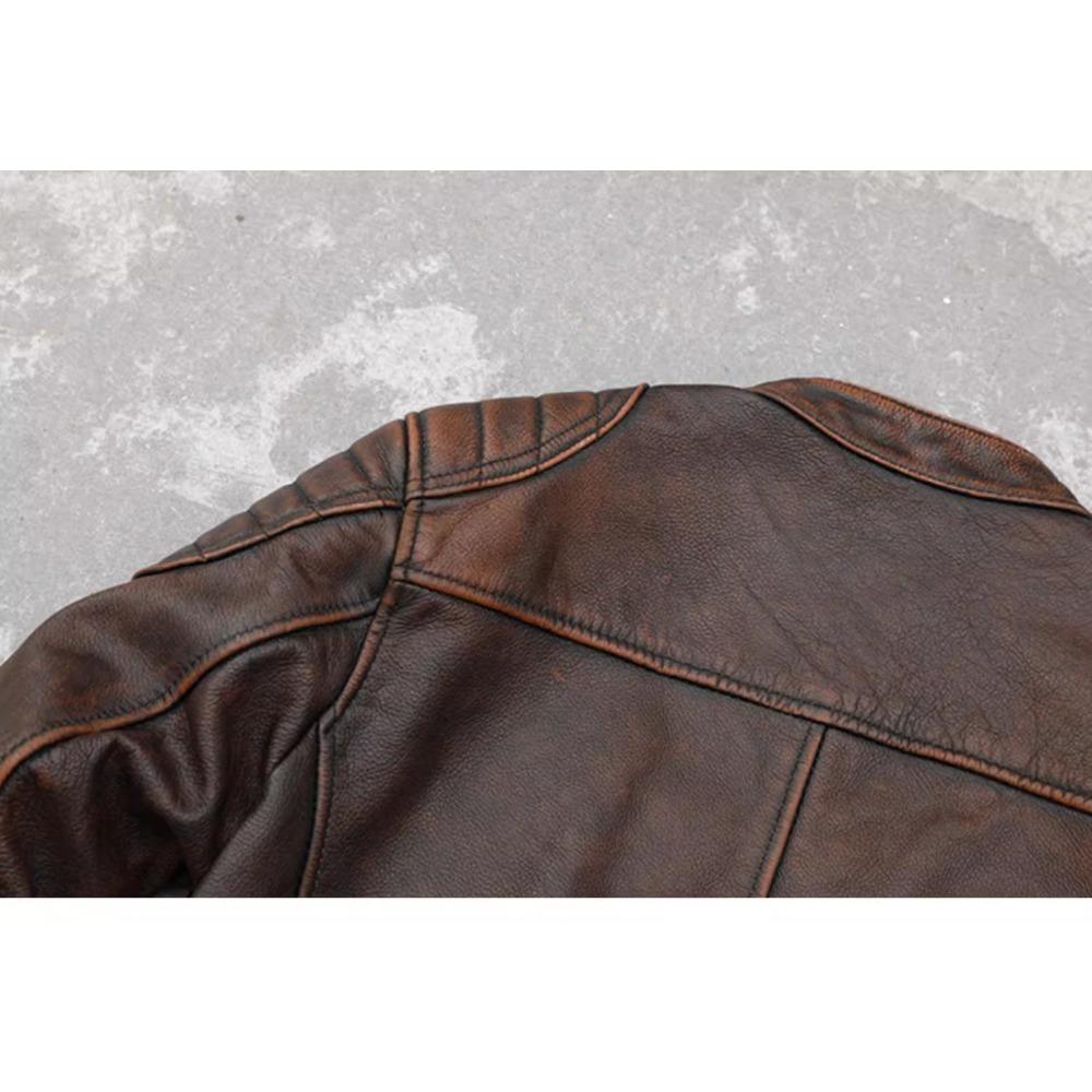Chinese Size Vintage Red Brown Real Cowhide Genuine Leather Jacket Men Motorcycle Coat Mens Biker Clothes Spring Autumn