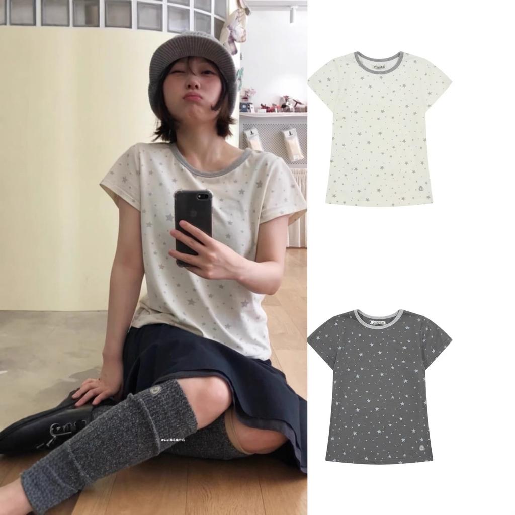 Women's Round Neck Short Sleeve Slim Fit Star Print Casual Cotton Tshirt Top