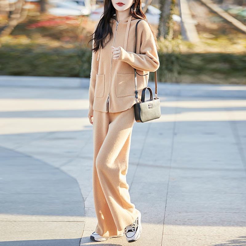 Women's Casual Wool Cardigan & High-Waisted Wide-Leg Knit Pants Set