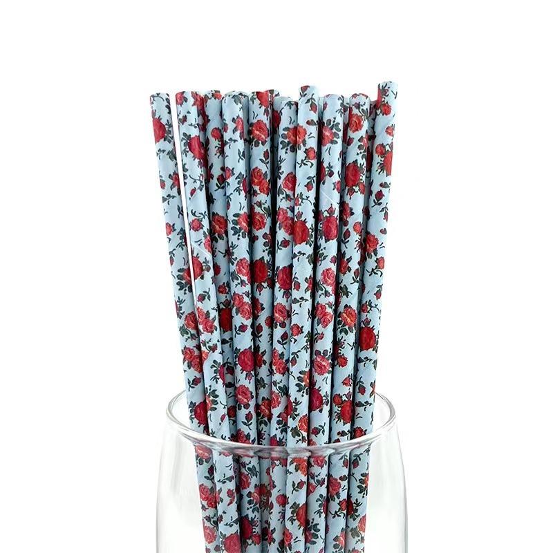 Floral Paper Straws,Assorted Multi Colorful Flower Print Daisy Rose Garden Tea Party Wedding Spring Craft Cake Pop Sticks