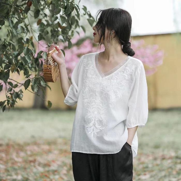 

Летняя рубашка из хлопка и льна премиум-класса с вышивкой для женщин — элегантные, легкие, универсальные топы для мам среднего возраста L (105-120 jin)