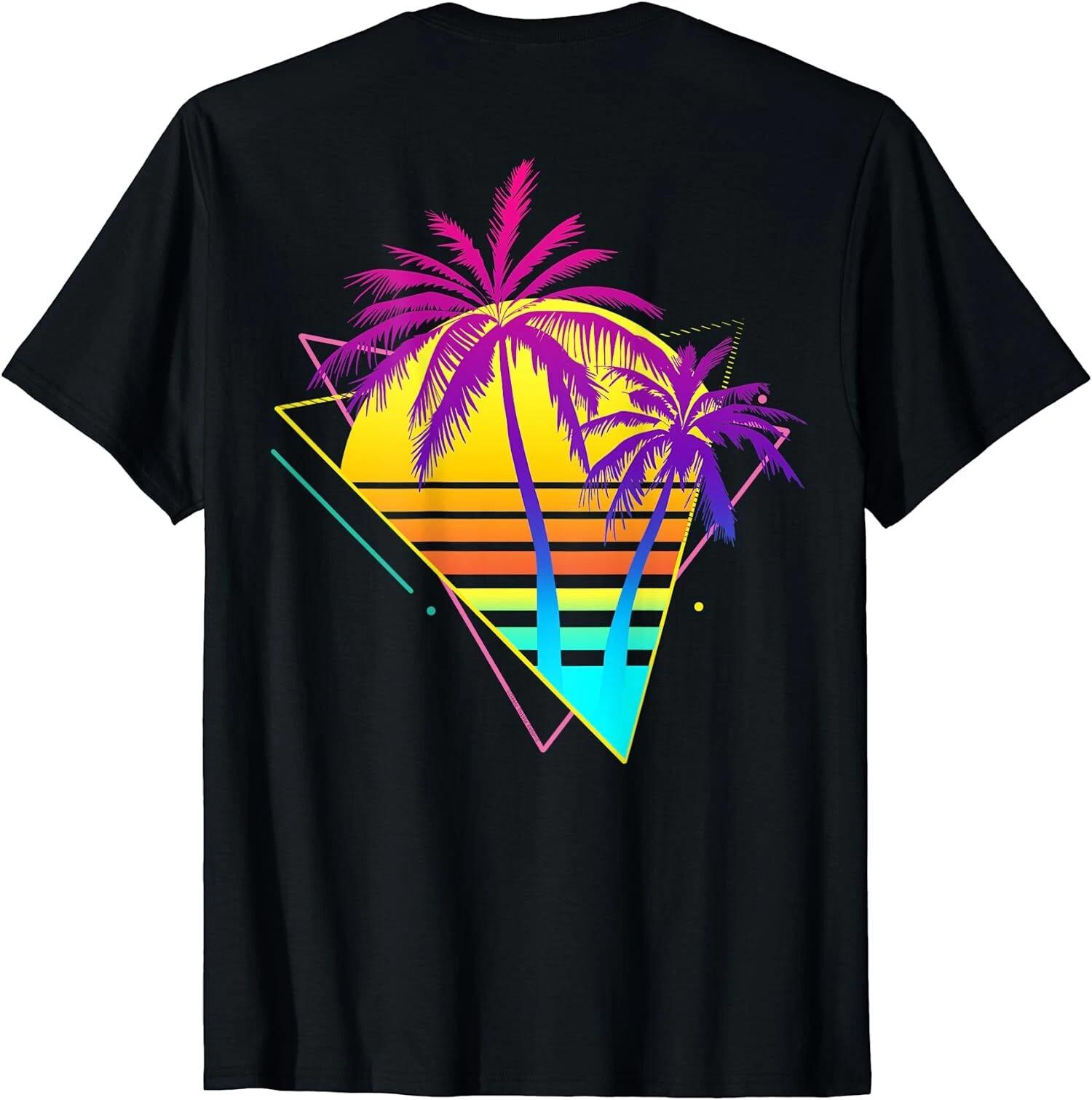 Print On back - Retro 80s 90s Vaporwave Tropical Sunset Palm T-Shirt XXXL