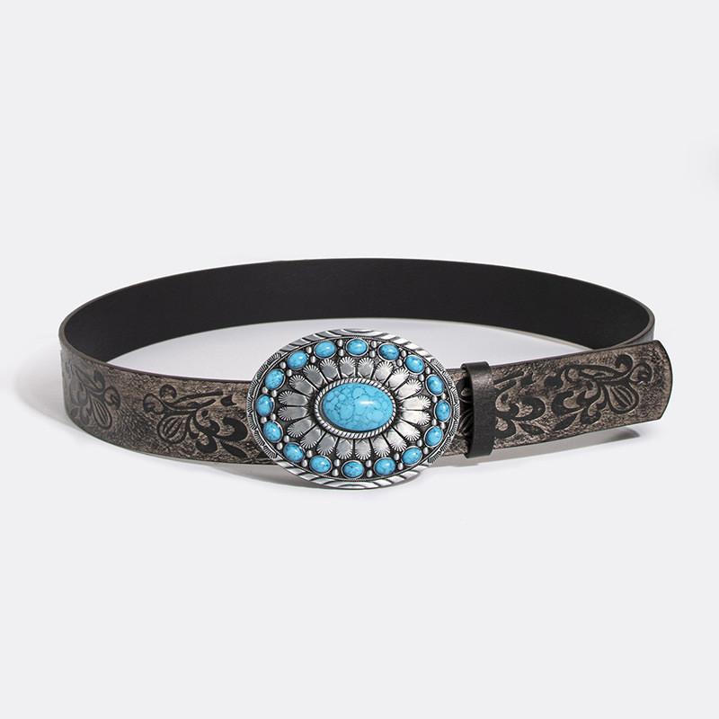 Vintage Turquoise Carved Sheep Head Embroidered Leather Belt For Fashion Enthusiasts