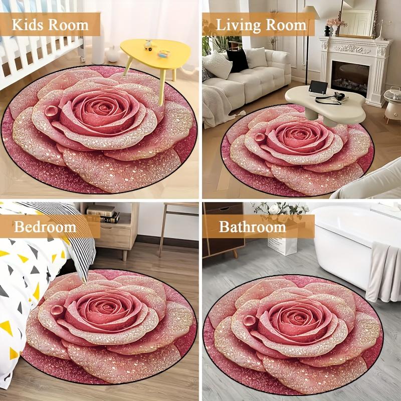 Elegant Pink Rose Round Rug with Dewdrops Non-Slip Machine Washable Floor Mat 2D Flat Aesthetic Floral Carpet for Bedroom Girls Room