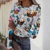 Women's Casual Fashion Round Neck Easter Print Long Sleeve Ribbed Top