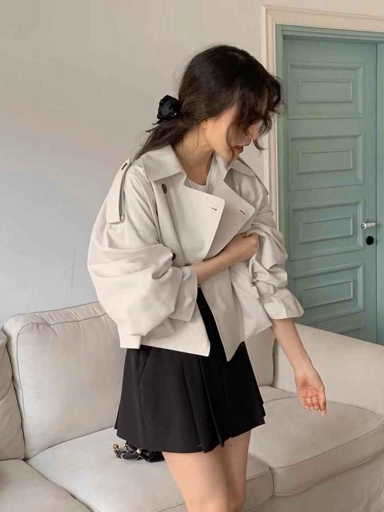 Korean Chic Autumn French Retro Suit Collar Two Buttons Loose Casual Long-sleeved Short Trench Coat Women