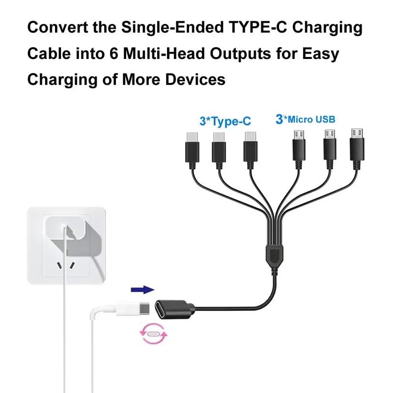 Type C Female to 6 in 1 Multi Charing Cable, Micro USB Splitter Cable 5V 3 in 1 Type C Extension Cord For Phone Tablet and More