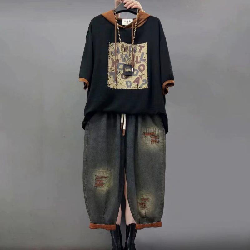 Casual Set Personalized Fashion Hooded Loose Print Short Sleeve Nine Points Jeans Two Piece Set Women's