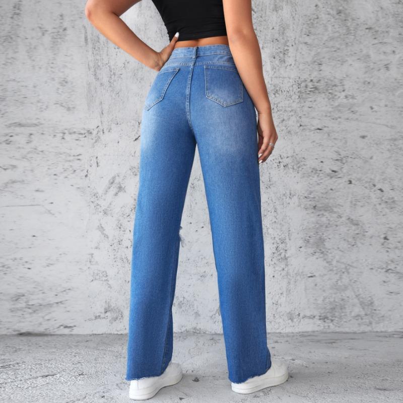 Straight Jeans Women's Pant Washed and Torn Holes Non-stretch Wide-leg Trousers