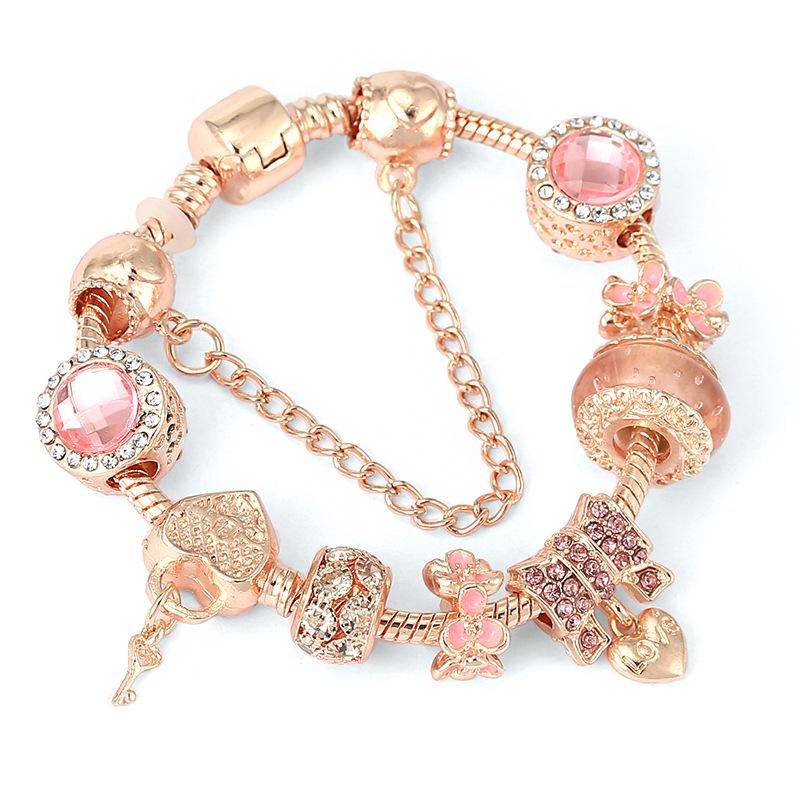 Pan's Rose Gold European Style Princess Crown Heart Pendant Bracelet for Women - DIY Customizable Series.