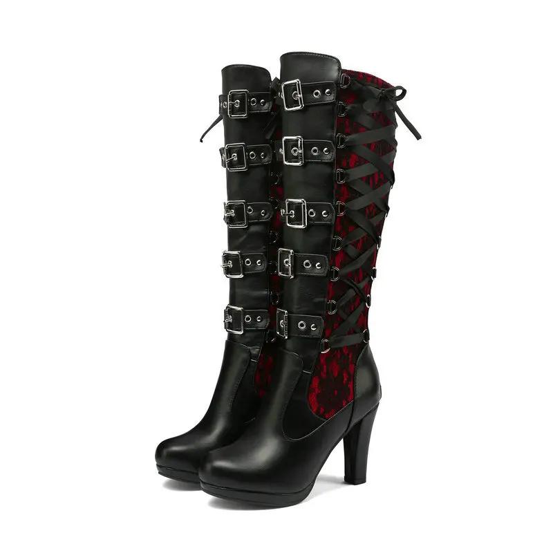 Vintage Punk Boots for Women In Autumn Winter New Style Thick Heel Super High Heel Versatile Round Head Belt Buckle High Boots
