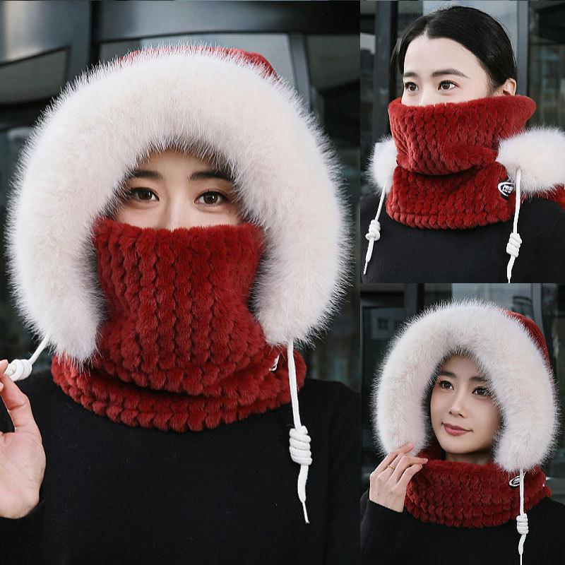 Autumn and Winter Hat Women's Scarf Integrated Fleece Thickened Thermal Hat Outdoor Cycling Hat Windproof Thermal Hat
