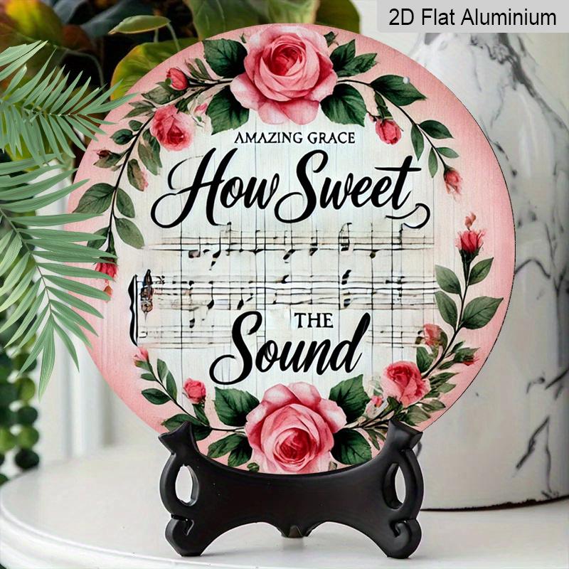 2D Flat, 1pc Vintage Circular Metal Sign, 8x8 In, Pink Floral Wreath & "How Sweet The Sound" Inspirational Quote - Aluminium Wall Decor for Home