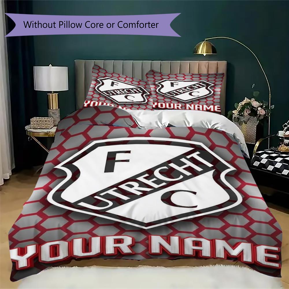 Benutzerdefinierter Name FC Utrecht Muster Bettwäsche Steppdecke Set Steppdecke Bezug Kissenbezug Heimdekoration Geburtstagsgeschenk (1*Bettbezug+2*Kissenbezug ohne Füllung)