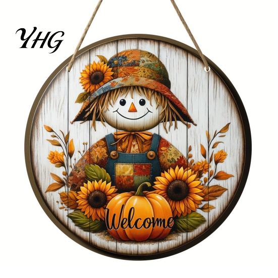 Outdoor Farmhouse Seasonal Decoration Harvest Festival Welcome Sign for Front Door, Rustic Wooden Hanging Autumn with Hemp Rope, Pumpkin Plaque