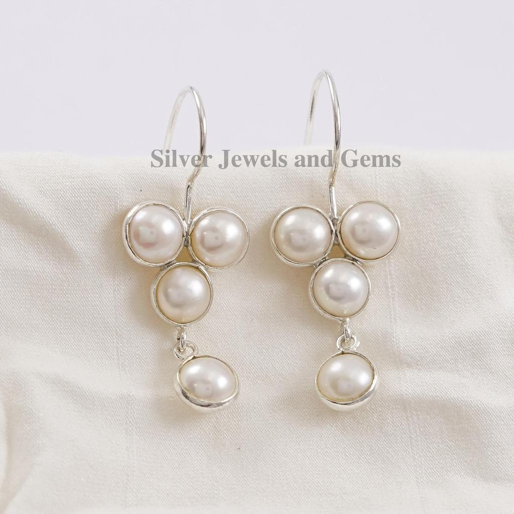 Sterling Silver Freshwater Pearl Earrings: Bezel Dangle Earrings, Floral Pearl Drop Earrings