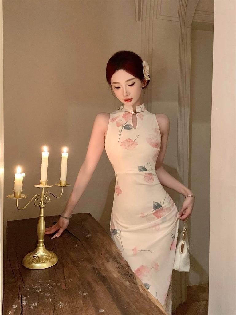 New Chinese-style Imperial Sister Improved Cheongsam Women's Summer New Sexy Pure Desire Printing Split-ended Hip-wrapped Neck Dress