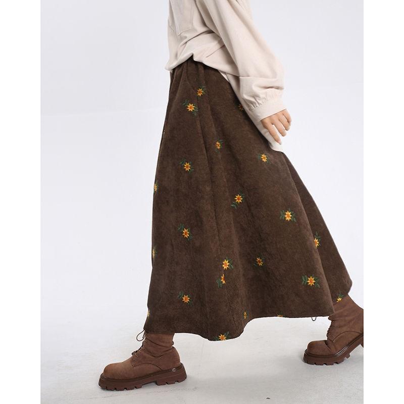 

Women s Fall and Winter Corduroy Embroidery Temperament Half-body Skirt High-waisted Plus Size Medium-length Umbrella Skirt XS