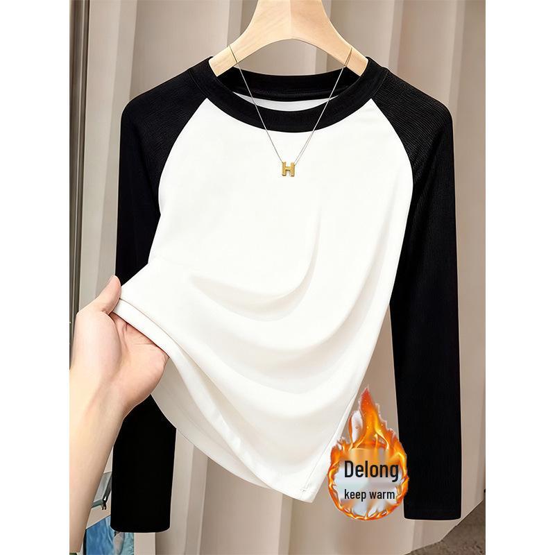 Women's Color-Block Long-Sleeve T-shirt with Raglan Sleeves, Round Neck, and Thick Brushed Cotton for Layering.