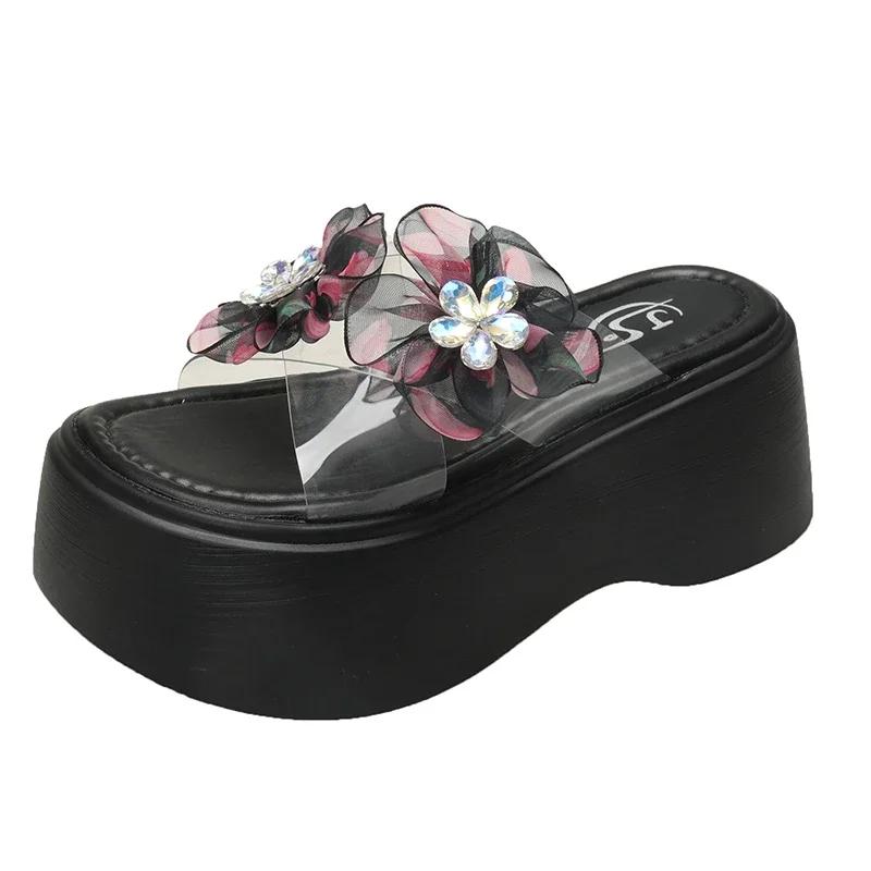 Fashion 8CM New Women Summer Wedge Sandals Transparent Crystal Chunky Platform Slippers Shoes Woman PVC Flower Thick Bottom Sandalias