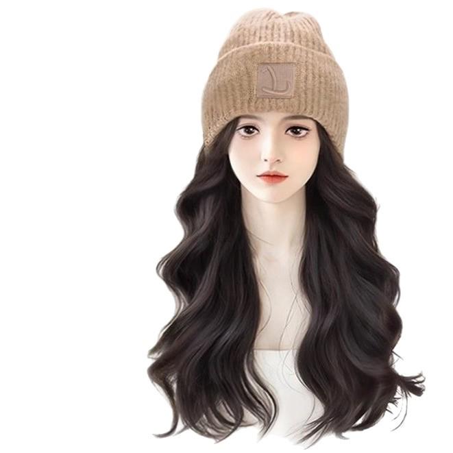 Women's Fashionable Knitted Wool Hat with Realistic Non-Detachable Wig for Autumn/Winter 2025