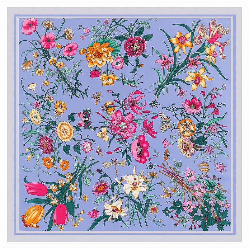 POBING Twill Silk Scarf Women Flowers Print Square Scarves Large Bandana Luxury Kerchief Hijab Scarf Female Foulards 130CM