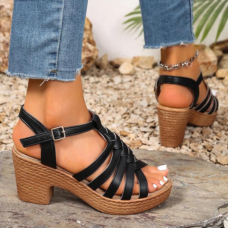 Fashion Fashion Woven Straps Chunky Heel Sandals Women Summer Ankle Buckle High Heeled Rome Shoes Woman Open Toe Platform Sandles 36-42