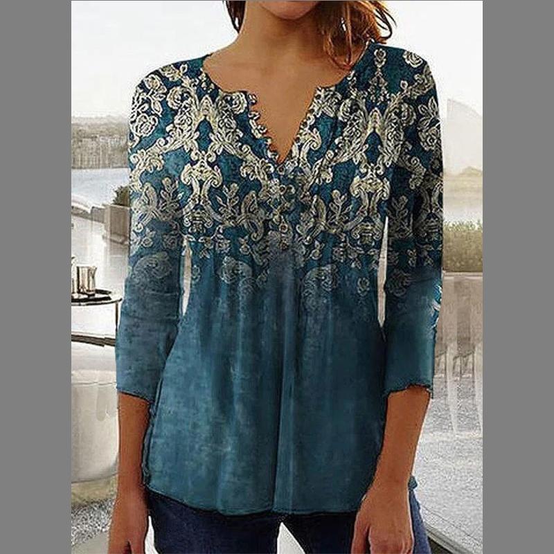 European and American Spring and Summer Fashionable Women's Floral Print V-neck Short Sleeved Pleated Button T-shirt with A Base