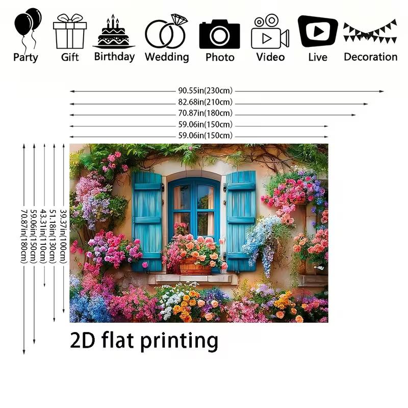 2D Provence Floral Backdrop, Rustic Blue Window with Colorful Roses Background Cloth for Photoshoot