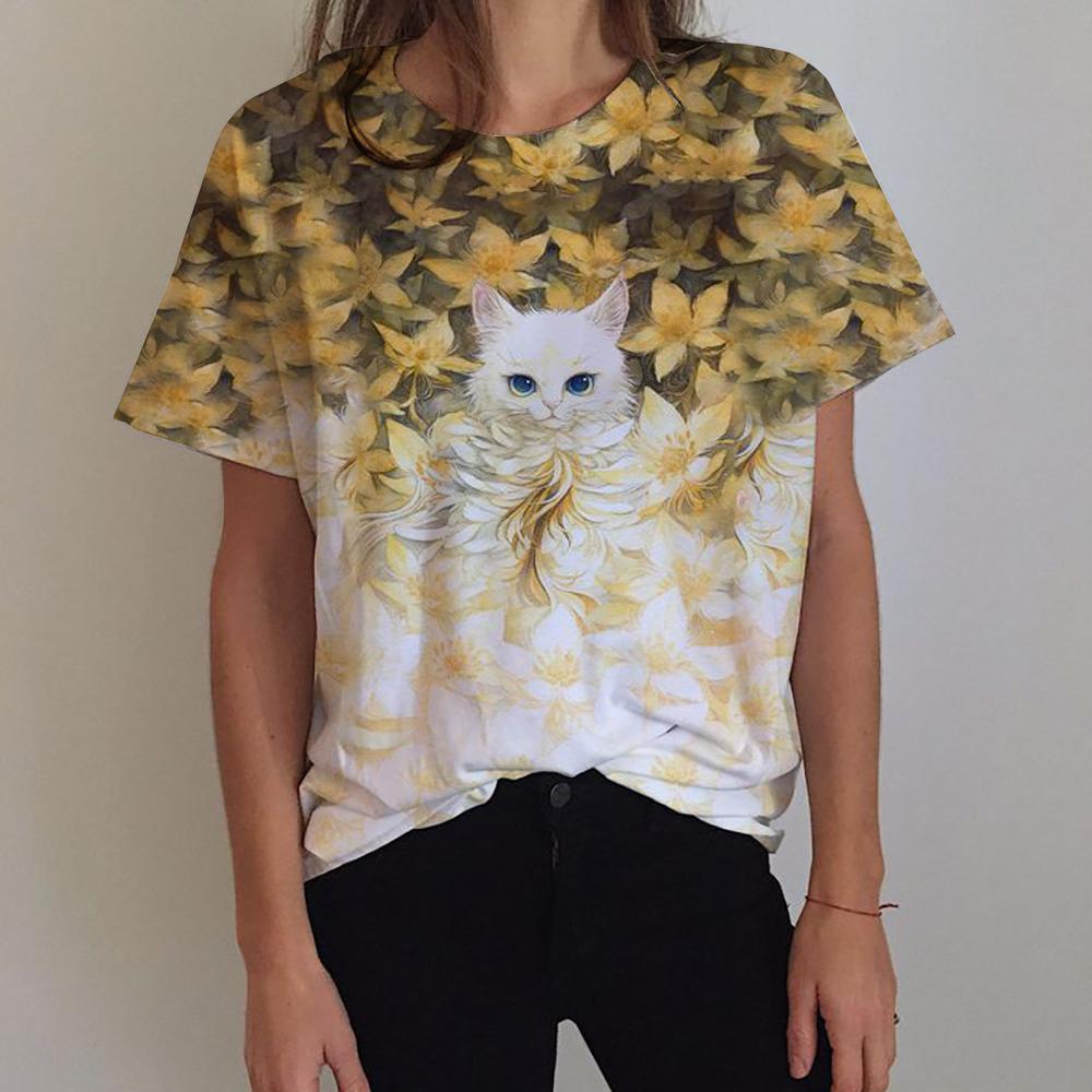 3D Printed Women's Flower T-shirt with Cat Pattern Short Sleeve Summer Fashion Street Round Neck T-shirt Top Loose Harajuku T-sh