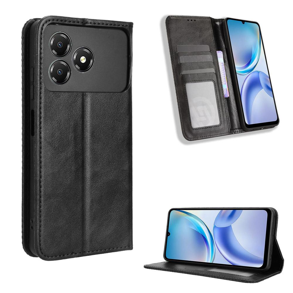 

For ZTE Blade A36 Leather Case Wallet Stand Retro Texture Phone Cover Black