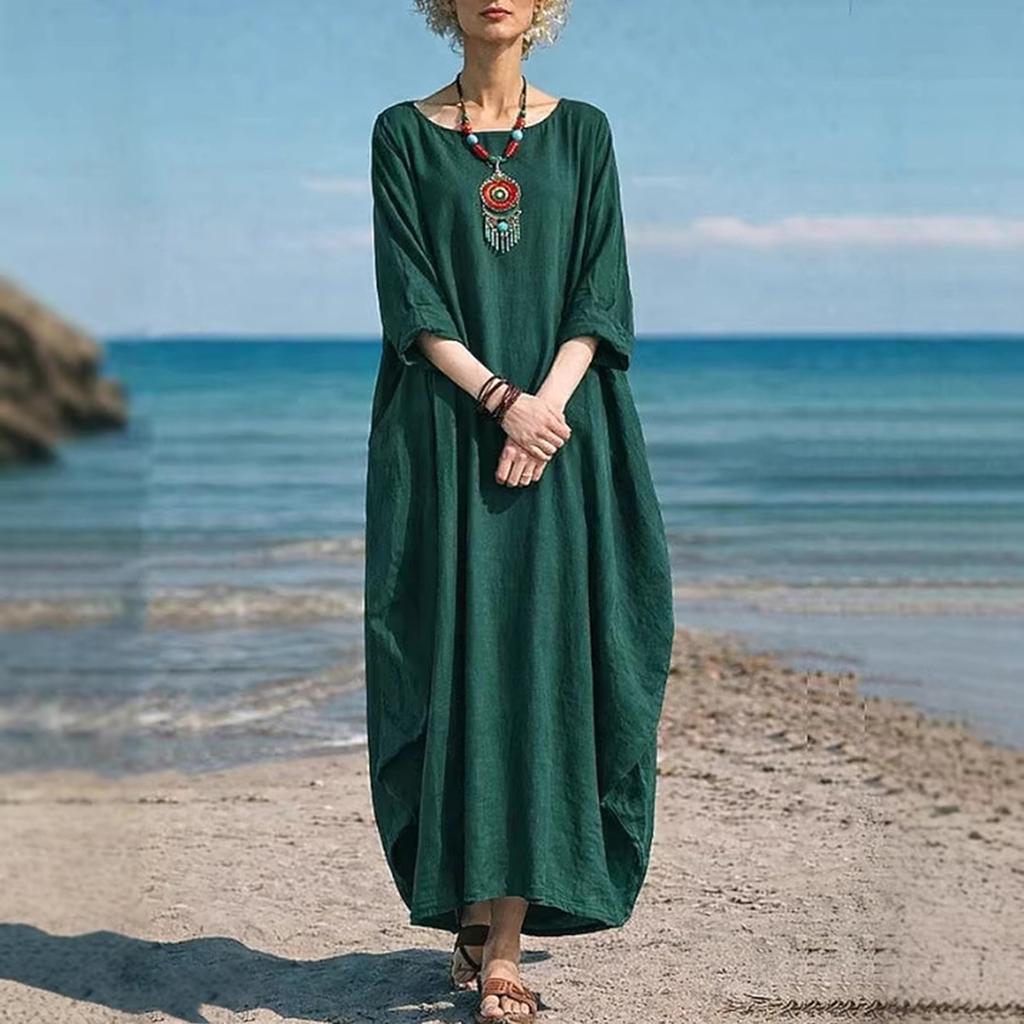 Women's Fashionable Color Round Neck 3/4 Sleeved Cotton Linen Casual Vacation Loose Long Dress