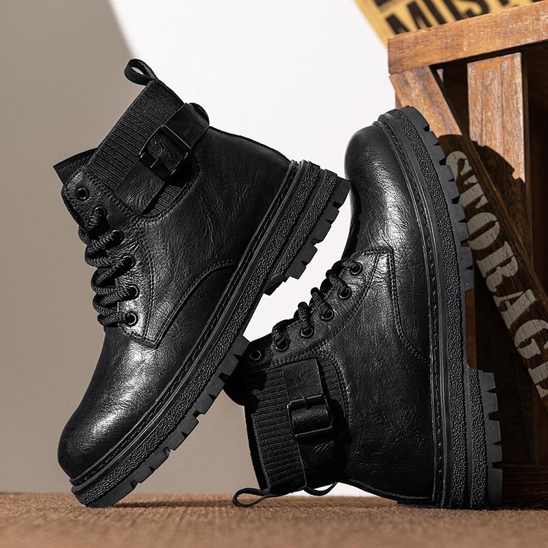 Fashion Autumn Leather Mid-top Shoes Fashion Male Ankle Boots Casual Outdoor Hiking Boots Sneakers Non-Slip Comfy Motocross Boots Botas