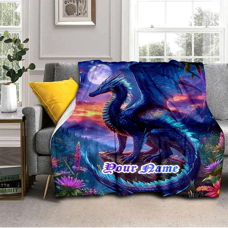 1PC Custom Name Blue Dragon Fantasy Art flannel blanket versatile, all-season throw suitable for the living room, bedroom, camping, travel, and gift