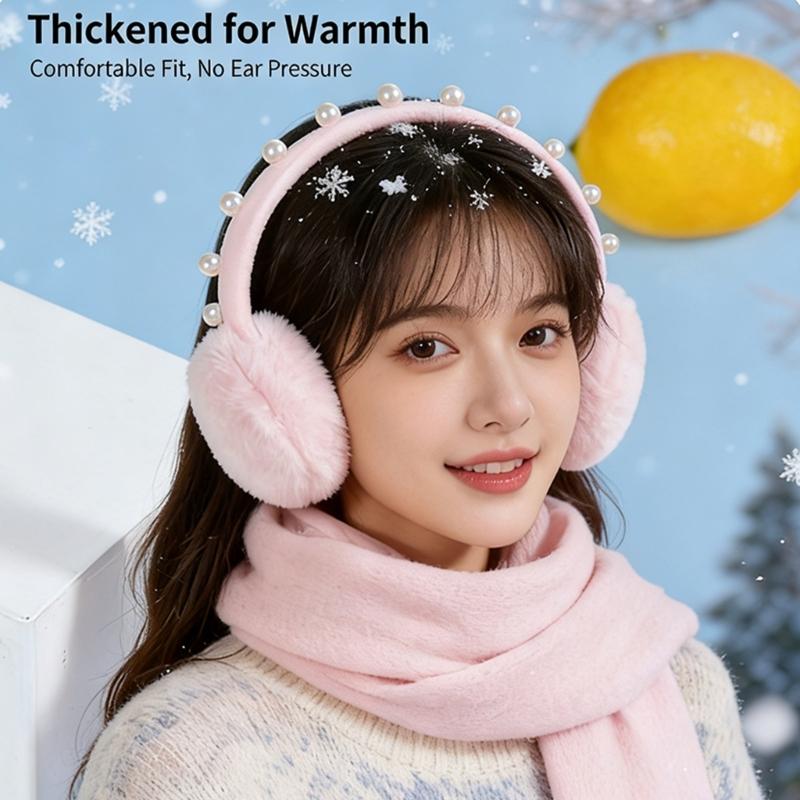 Fashionable Plush Earmuffs for Women Girl with Artificial Pearls Winter Warm Comfortable Ear Warmer For Daily Cycling