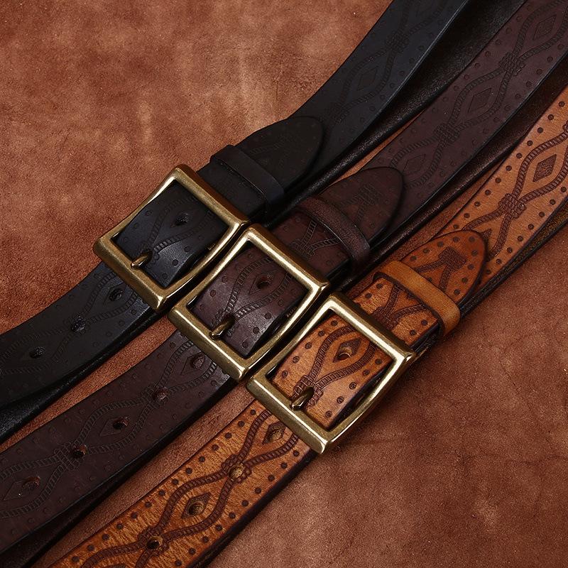 Retro Personality Trend Embossed Thickened First Layer Cowhide Belt Men'S Genuine Leather Copper Buckle Casual Jeans Belt Men'S