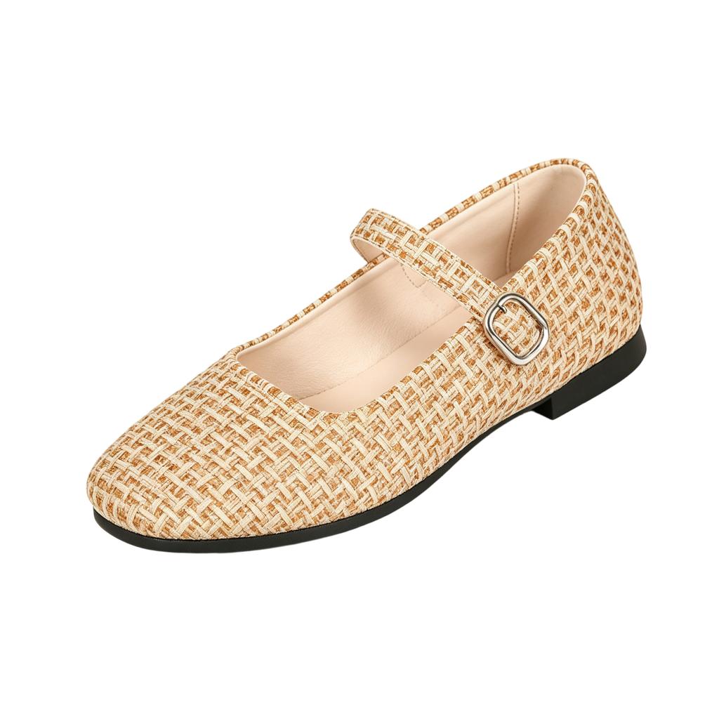 Women's Flat Mary Jane Shoes Woven Pattern Hollow Design Adjustable Buckle Strap Comfortable Casual Footwear for Daily Use