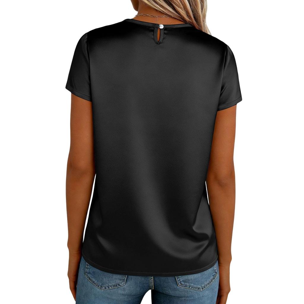 Damen Kurzarm Satinbluse Lässiges Rundhals Oberteil Lockere Passform Weicher Leichter Glatter Stoff T-Shirt für den täglichen Gebrauch