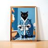Whimsical Black Cat In Bathrobe Poster Blue Bathroom Wall Art Pictures Feline Print Unique Home Decor for Cat Lovers Painting